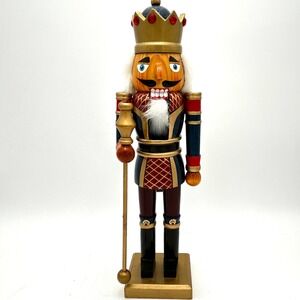 Vintage Carved Wood Nutcracker Royal Guard Soldier Christmas Gold Red Blue